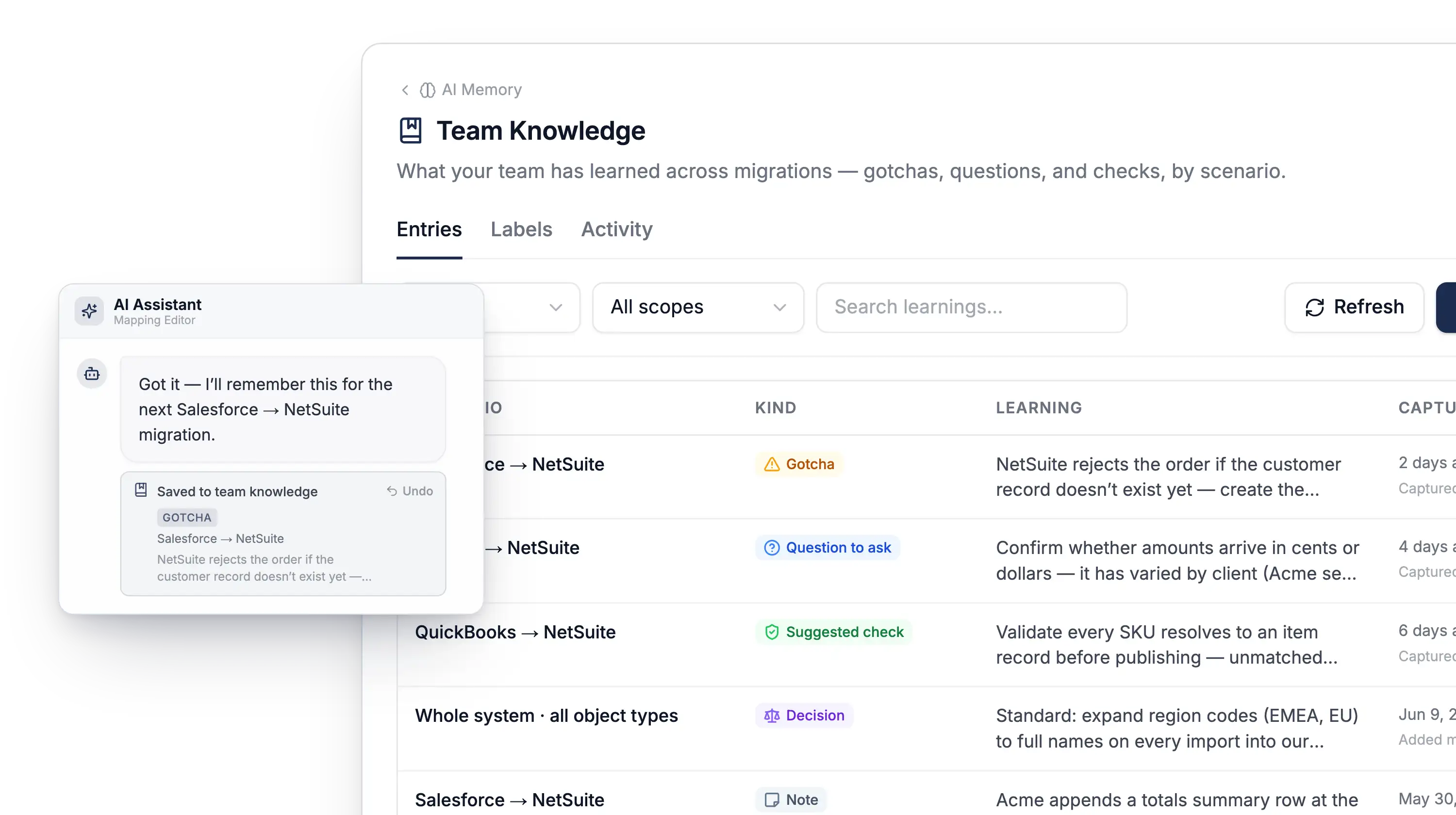 Team knowledge panel: captured entries for one source and destination, each showing who captured it and when, including an entry attributed to the AI on behalf of a user and a retired entry with its reason